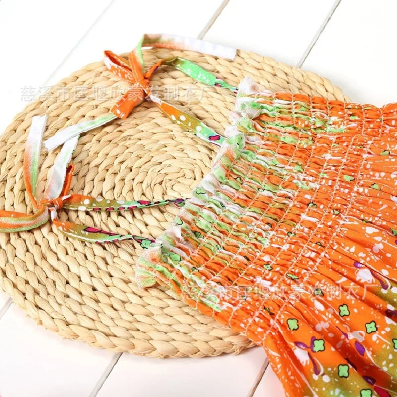 Girls Boho Floral Sundress with Ruffles and Necklace