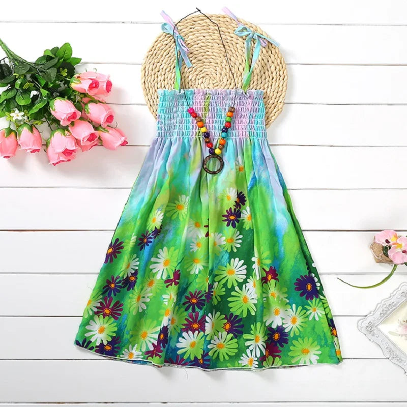 Girls Boho Floral Sundress with Ruffles and Necklace