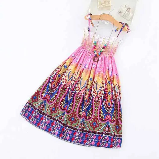 FD873-Purple Color Girls Boho Floral Sundress with Ruffles and Necklace