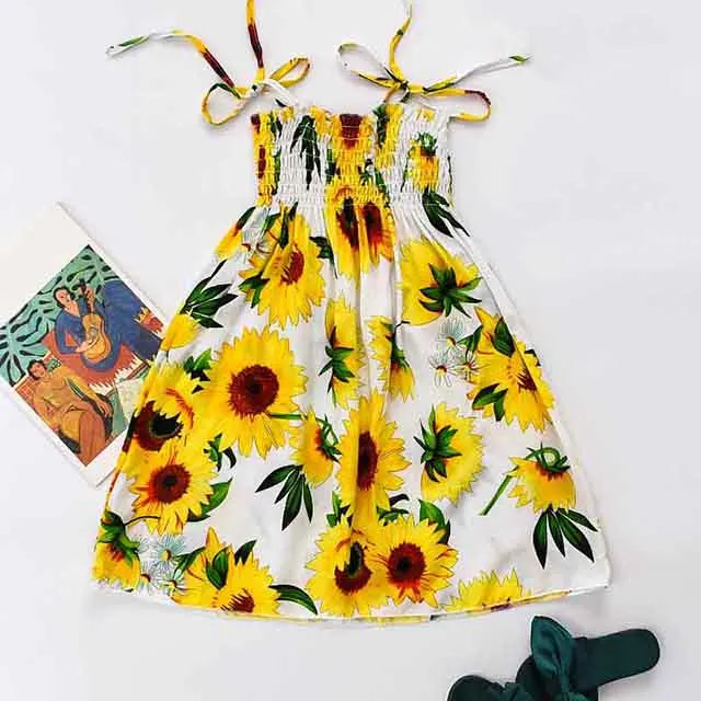 BS001-White Color Girls Boho Floral Sundress with Ruffles and Necklace