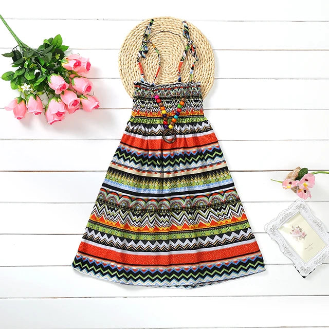 FD877-Green Color Girls Boho Floral Sundress with Ruffles and Necklace