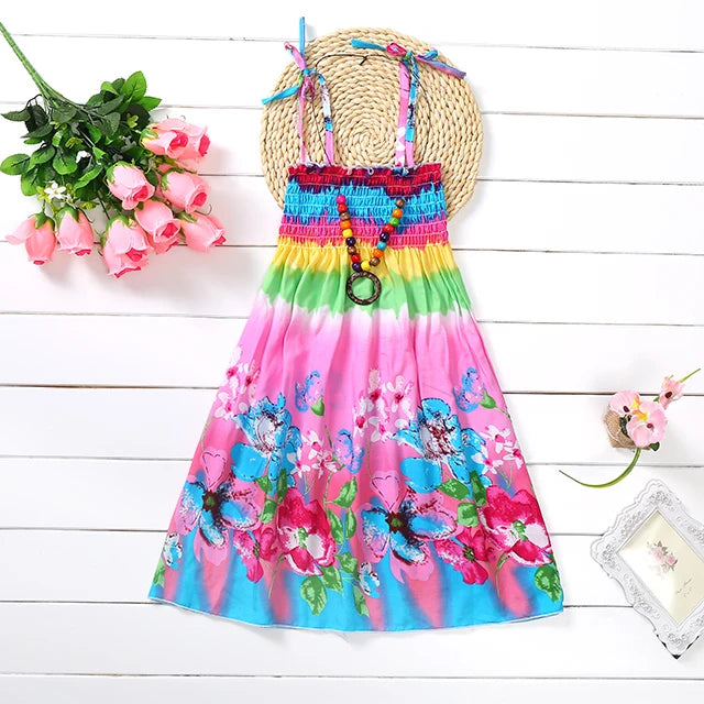 FD876-Rose Color Girls Boho Floral Sundress with Ruffles and Necklace