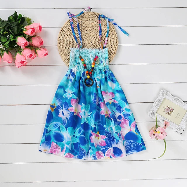 FD880-SkyBlue Color Girls Boho Floral Sundress with Ruffles and Necklace