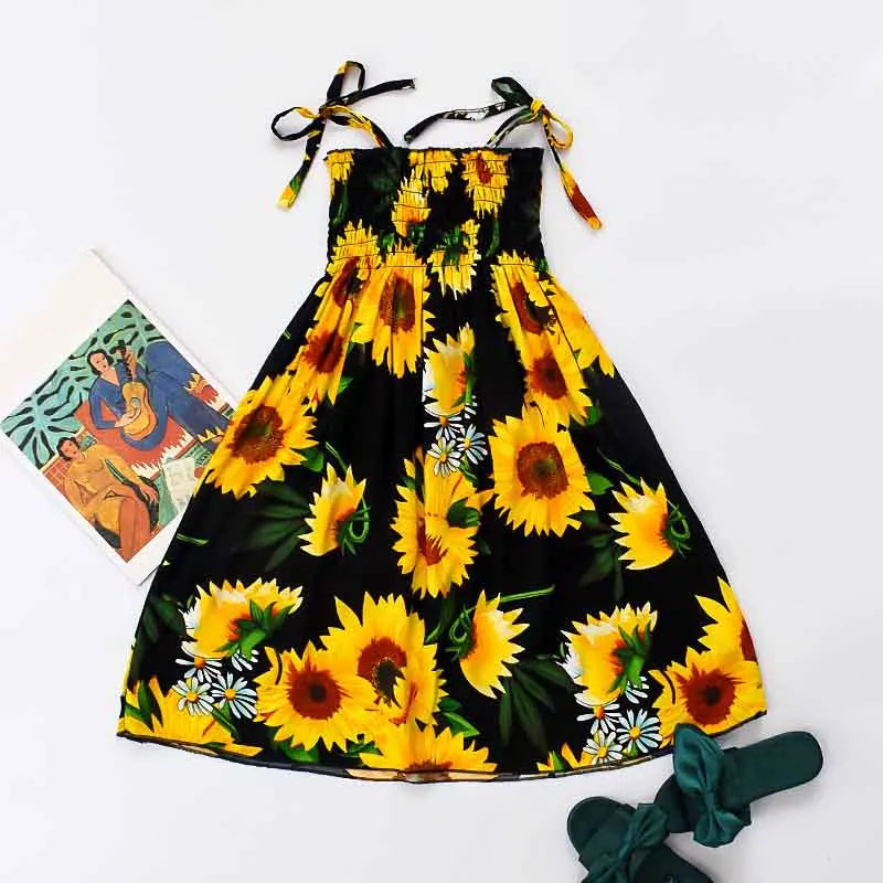 Girls Boho Floral Sundress with Ruffles and Necklace