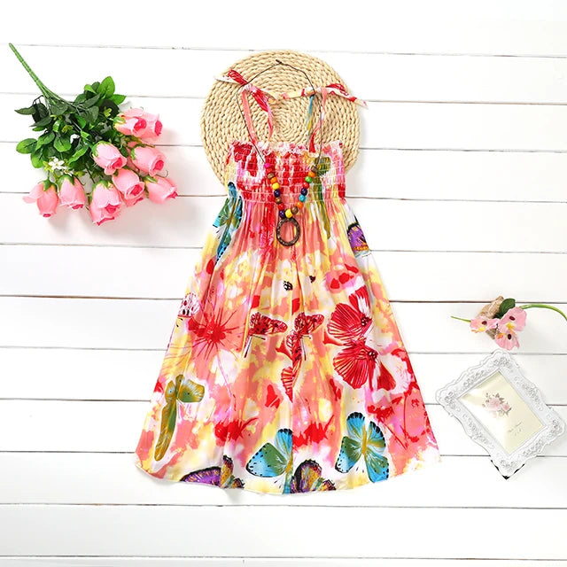 FD879-Red Color Girls Boho Floral Sundress with Ruffles and Necklace