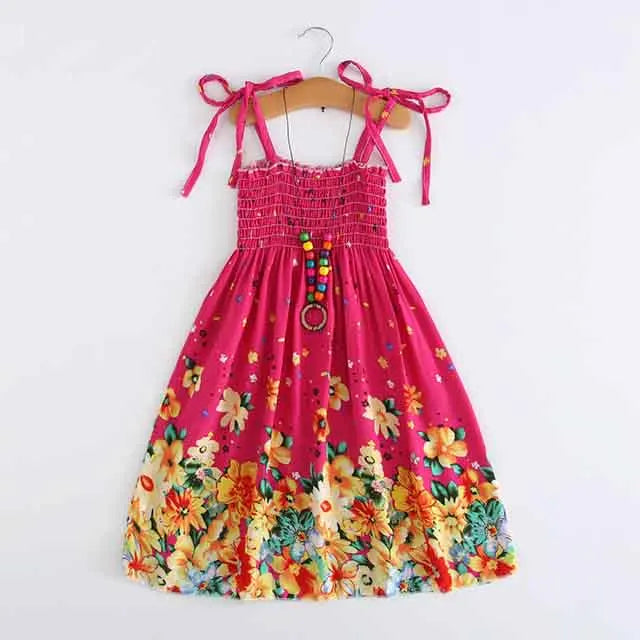 BS002-Red Color Girls Boho Floral Sundress with Ruffles and Necklace