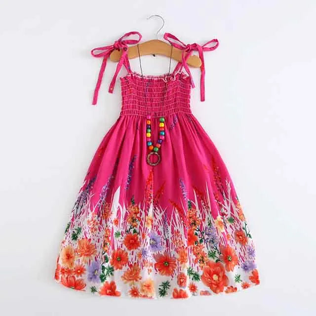 BS003-Red Color Girls Boho Floral Sundress with Ruffles and Necklace