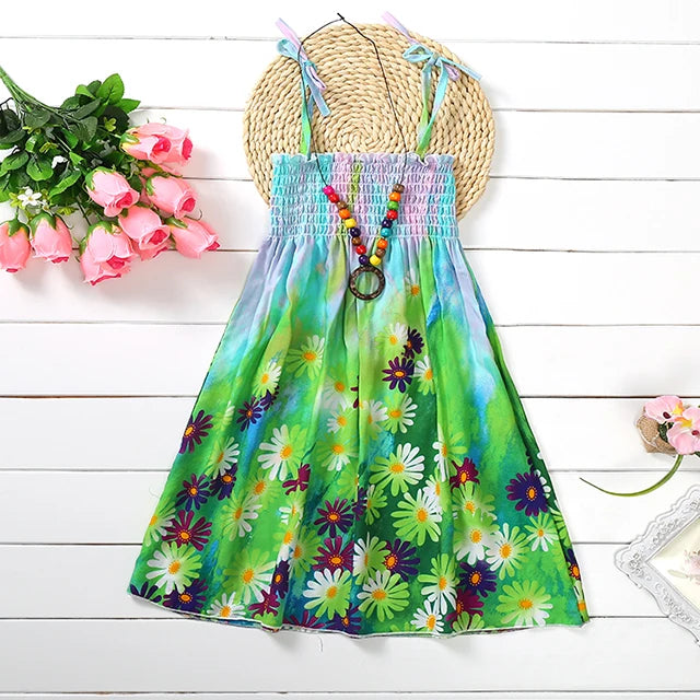FD874-Green Color Girls Boho Floral Sundress with Ruffles and Necklace
