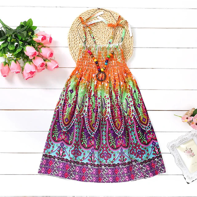 FD875-Orange Color Girls Boho Floral Sundress with Ruffles and Necklace