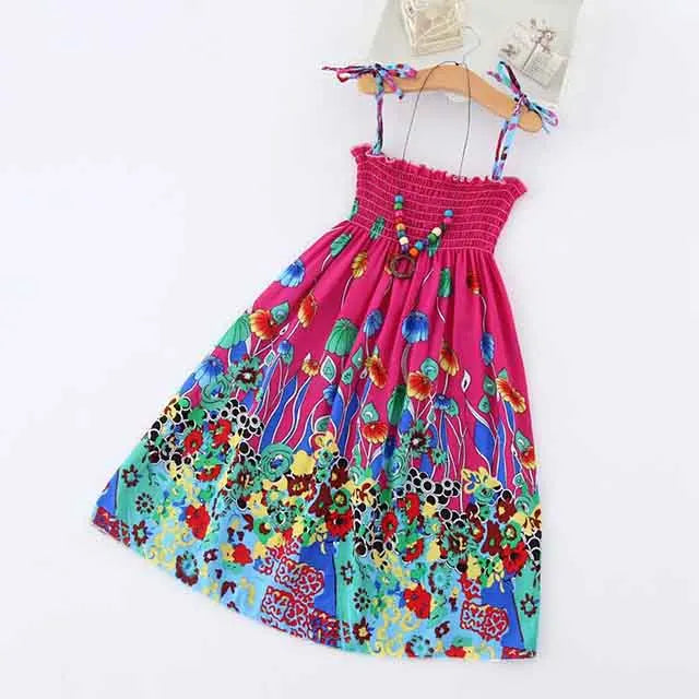 FD882-Rose Color Girls Boho Floral Sundress with Ruffles and Necklace