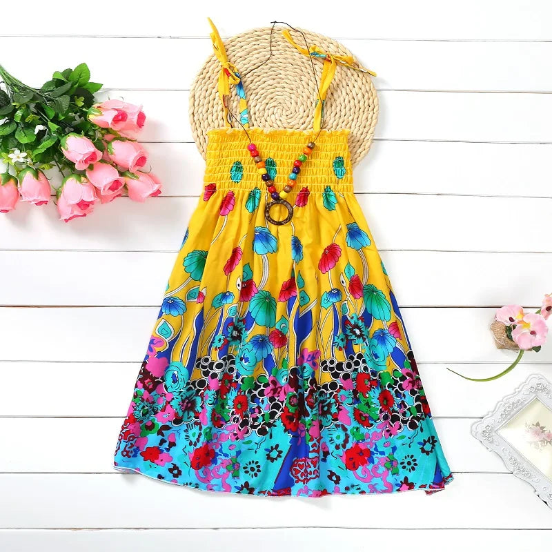 Girls Boho Floral Sundress with Ruffles and Necklace