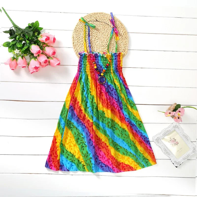 Girls Boho Floral Sundress with Ruffles and Necklace