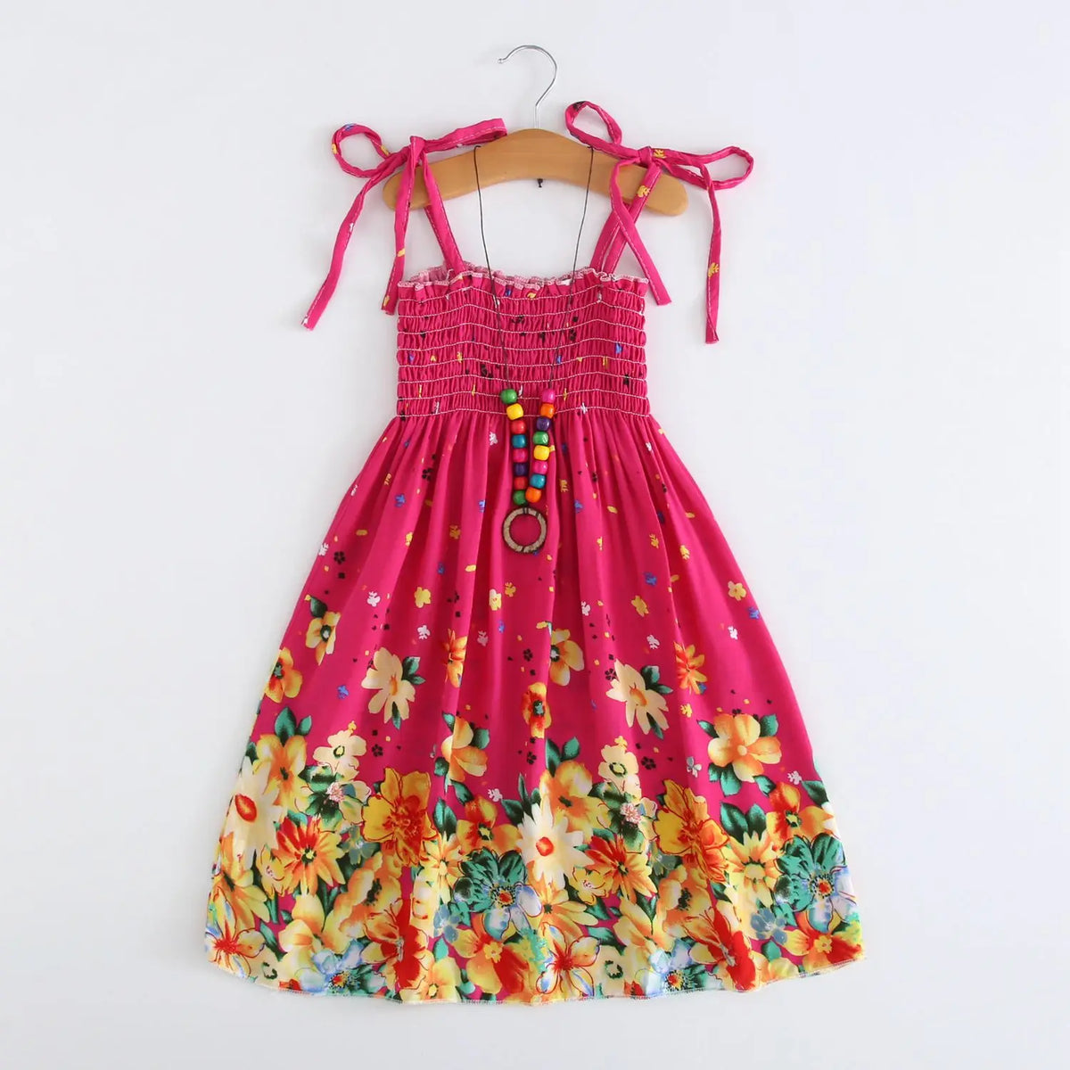 Girls Boho Floral Sundress with Ruffles and Necklace