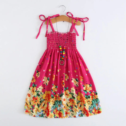 Girls Boho Floral Sundress with Ruffles and Necklace