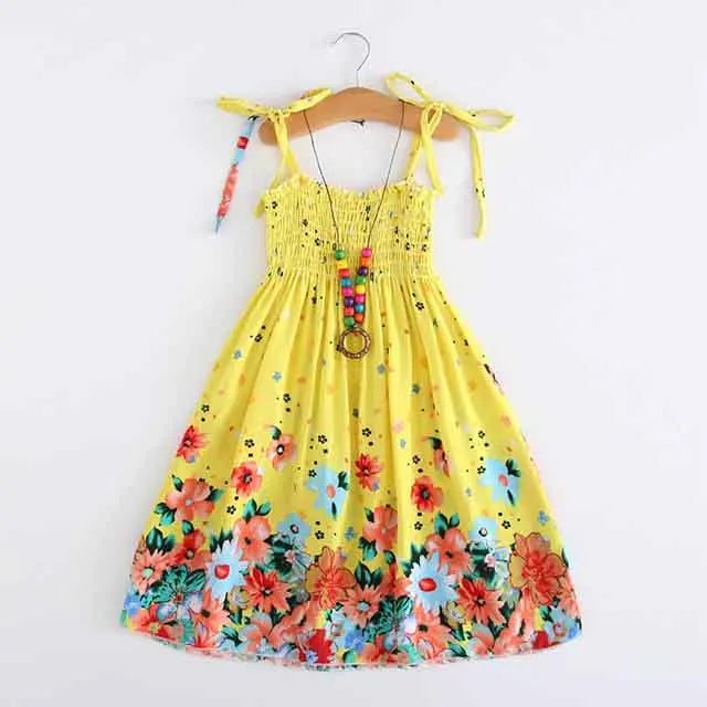 BS002-Yellow Color Girls Boho Floral Sundress with Ruffles and Necklace