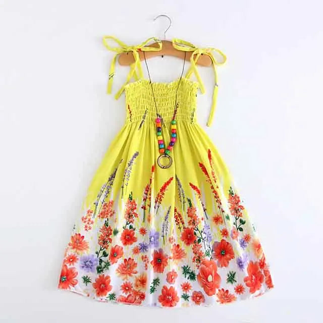 BS003-Yellow Color Girls Boho Floral Sundress with Ruffles and Necklace
