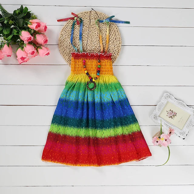 FD881-Blue Color Girls Boho Floral Sundress with Ruffles and Necklace