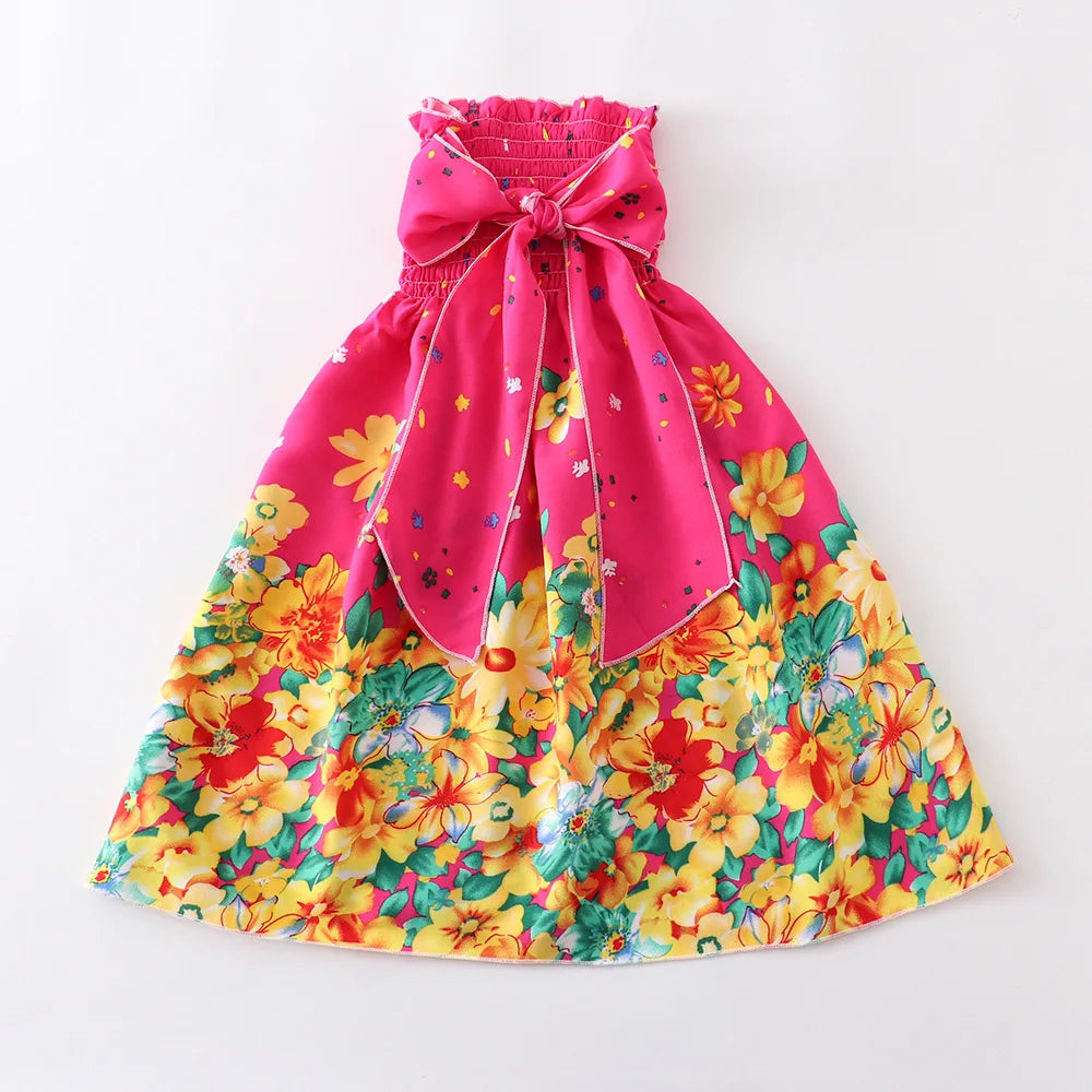 D4433-Rose Color Girls Boho Floral Sundress with Ruffles and Necklace