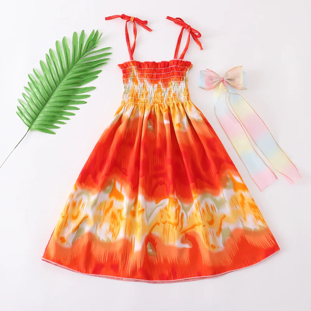 D4417-Yellow Color Girls Boho Floral Sundress with Ruffles and Necklace