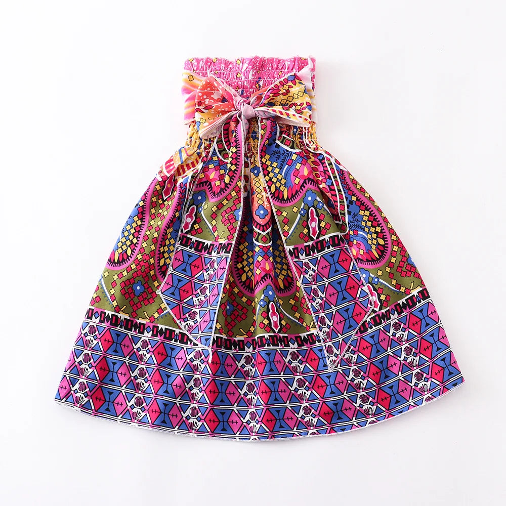 D4422-Purple Color Girls Boho Floral Sundress with Ruffles and Necklace