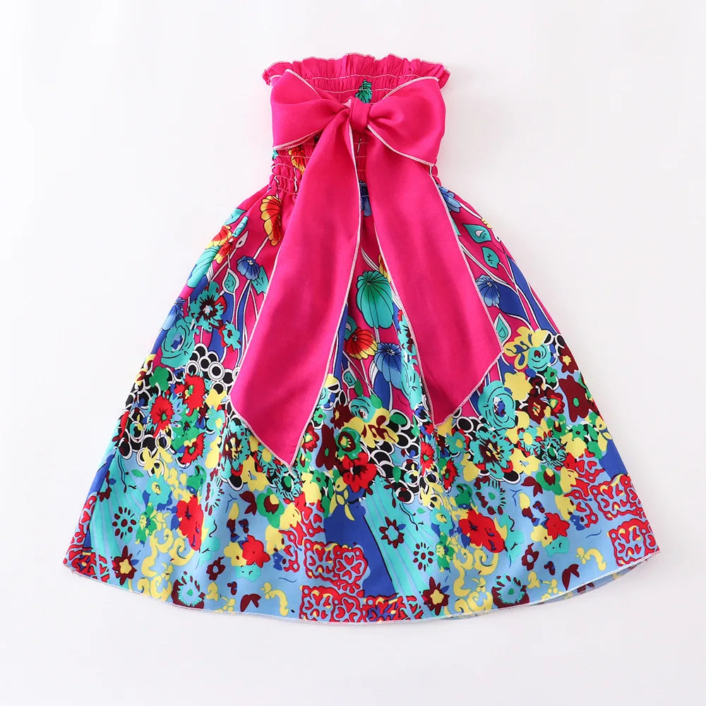 D4425-Rose Color Girls Boho Floral Sundress with Ruffles and Necklace