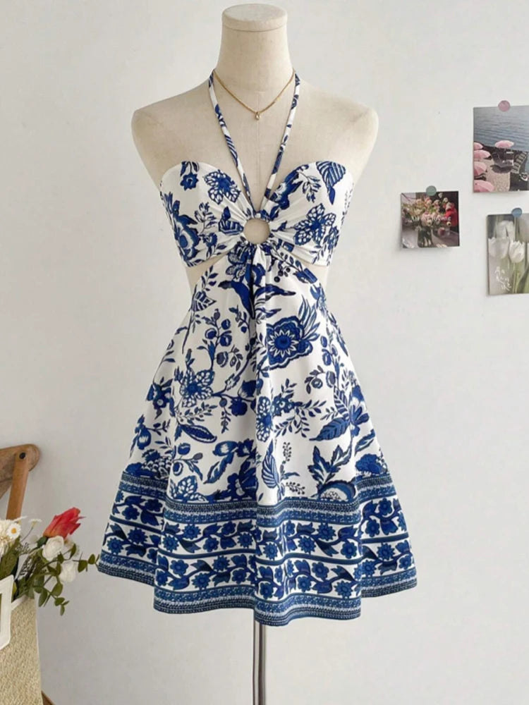 Women's Floral Halter Beach Dress Knee-Length A-Line