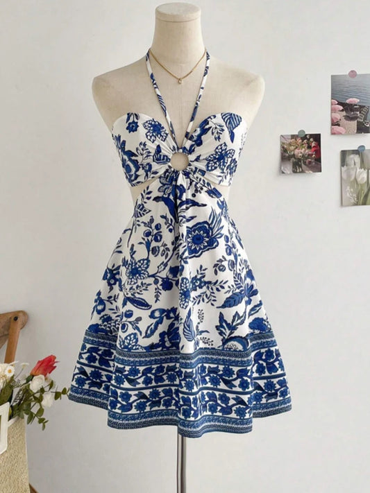 Women's Floral Halter Beach Dress Knee-Length A-Line