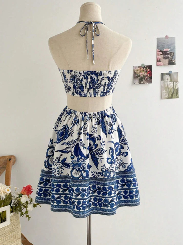 Women's Floral Halter Beach Dress Knee-Length A-Line