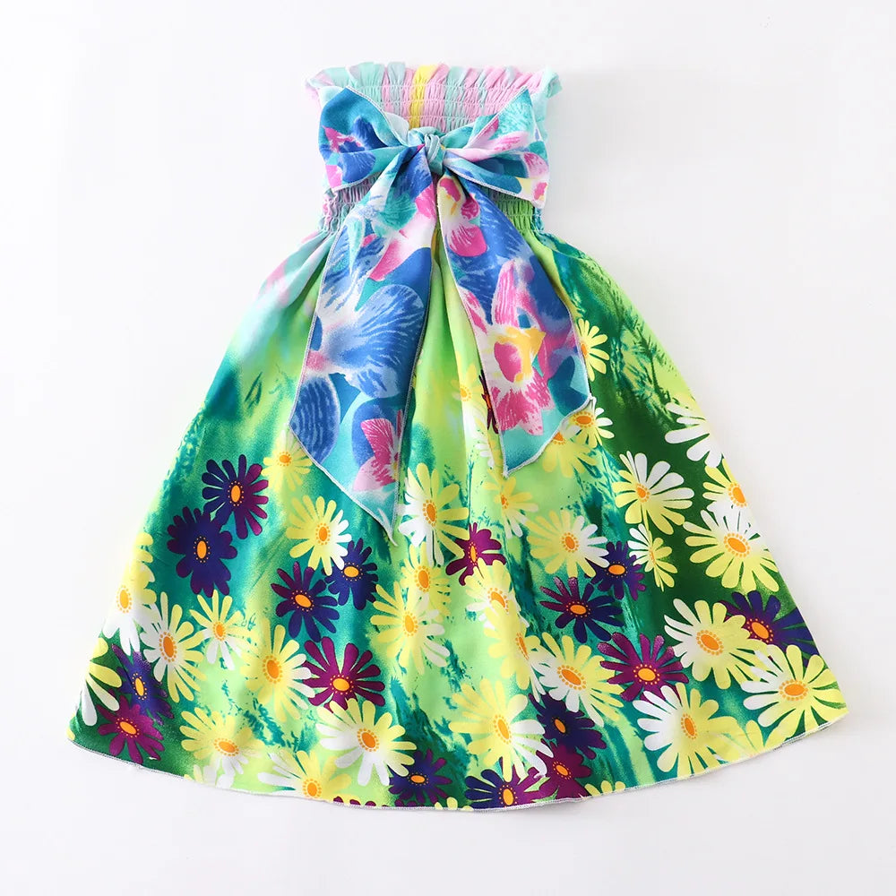 D4423-Green Color Girls Boho Floral Sundress with Ruffles and Necklace