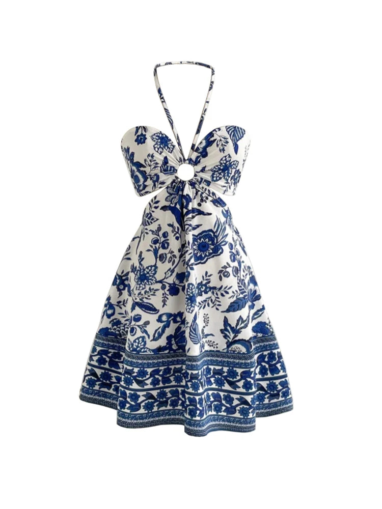 Women's Floral Halter Beach Dress Knee-Length A-Line