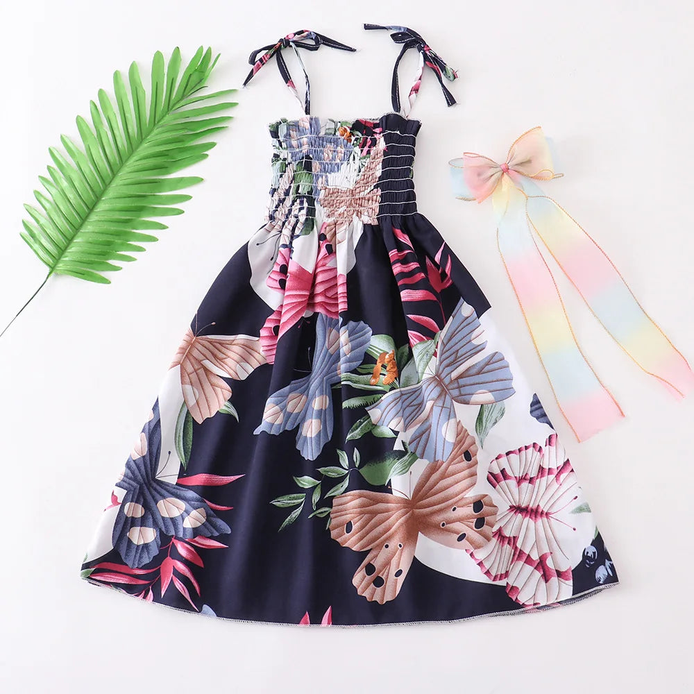 D4416-Butterfly Color Girls Boho Floral Sundress with Ruffles and Necklace
