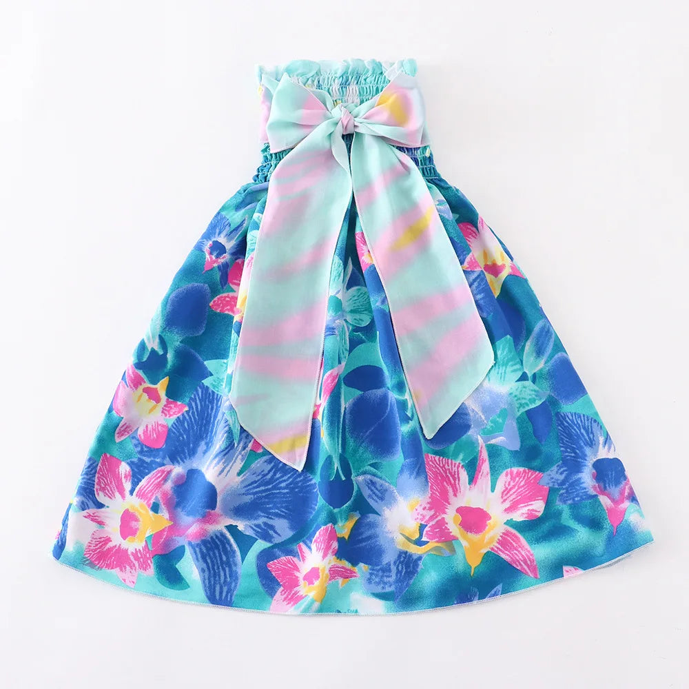 D4424-Blue Color Girls Boho Floral Sundress with Ruffles and Necklace