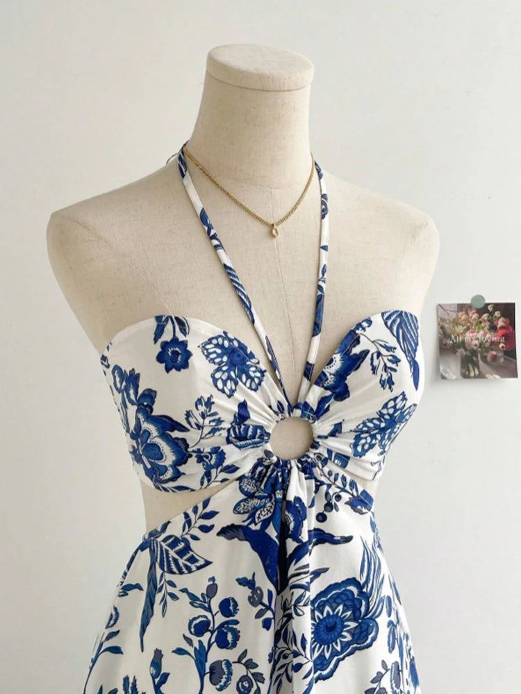 Women's Floral Halter Beach Dress Knee-Length A-Line